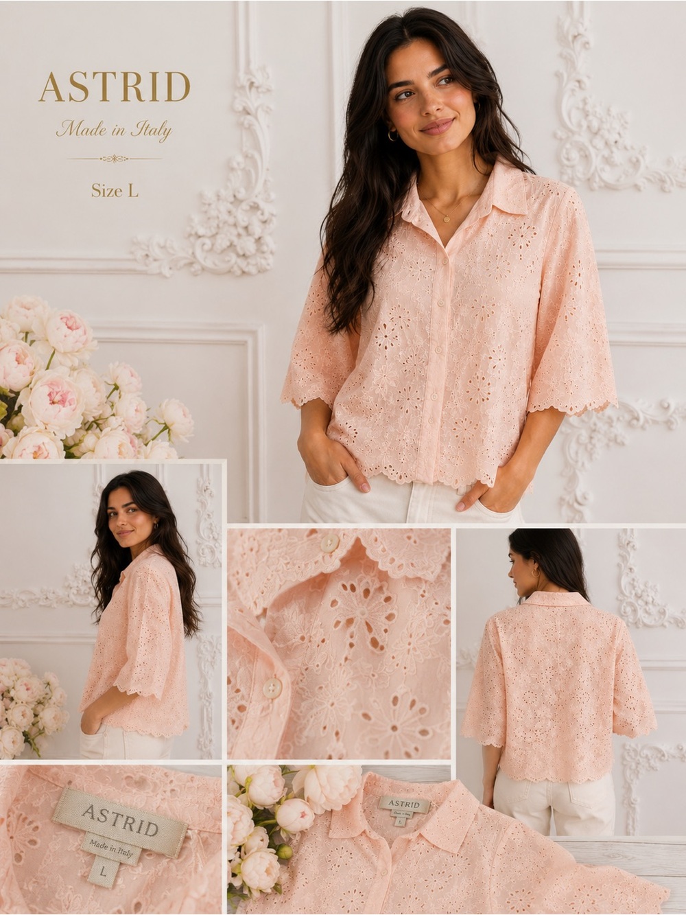 Astrid Made in Italy Pink Eyelet Embroidered Cotton Blouse Size L Floral - Picture 2 of 10